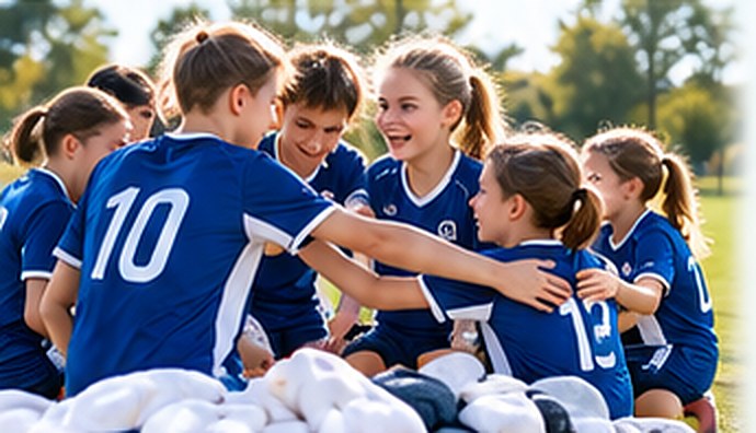 Ett fotbollslag med barn i blå tröjor