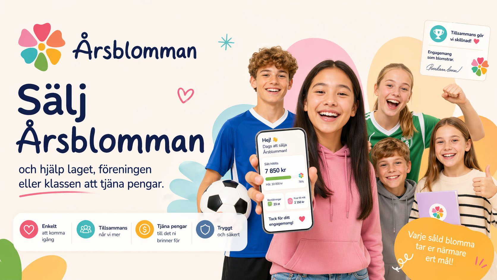 Elever som säljer Årsblomman för att samla in pengar till klassen