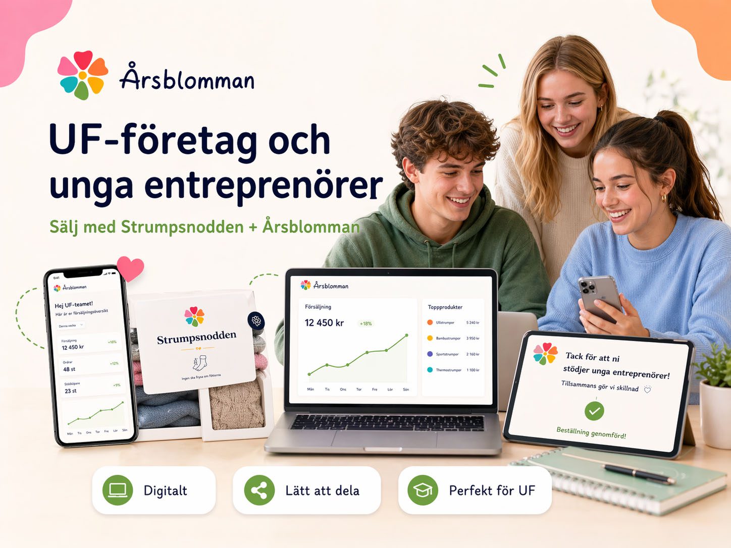 Young entrepreneurs selling Strumpsnodden and Årsblomman